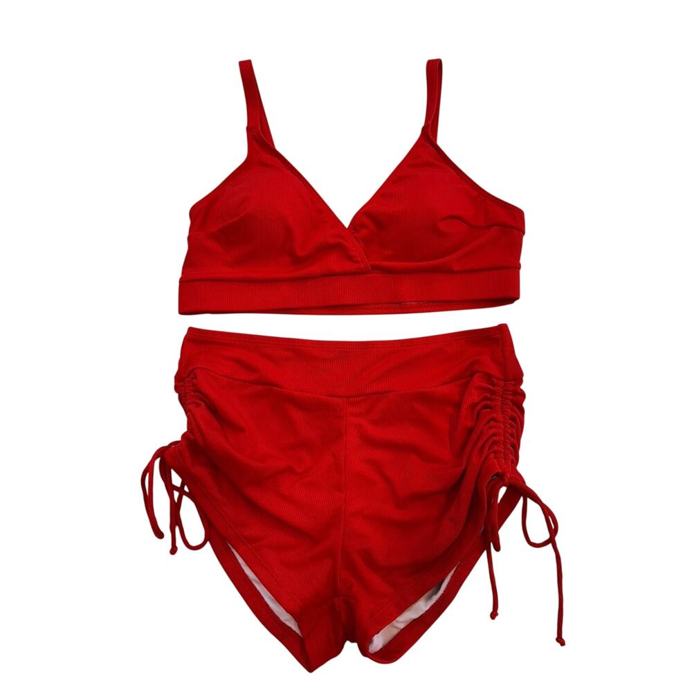 Red High-Waisted Bikini Set Spaghetti Strap Polyester Elastane Women's Swimwear